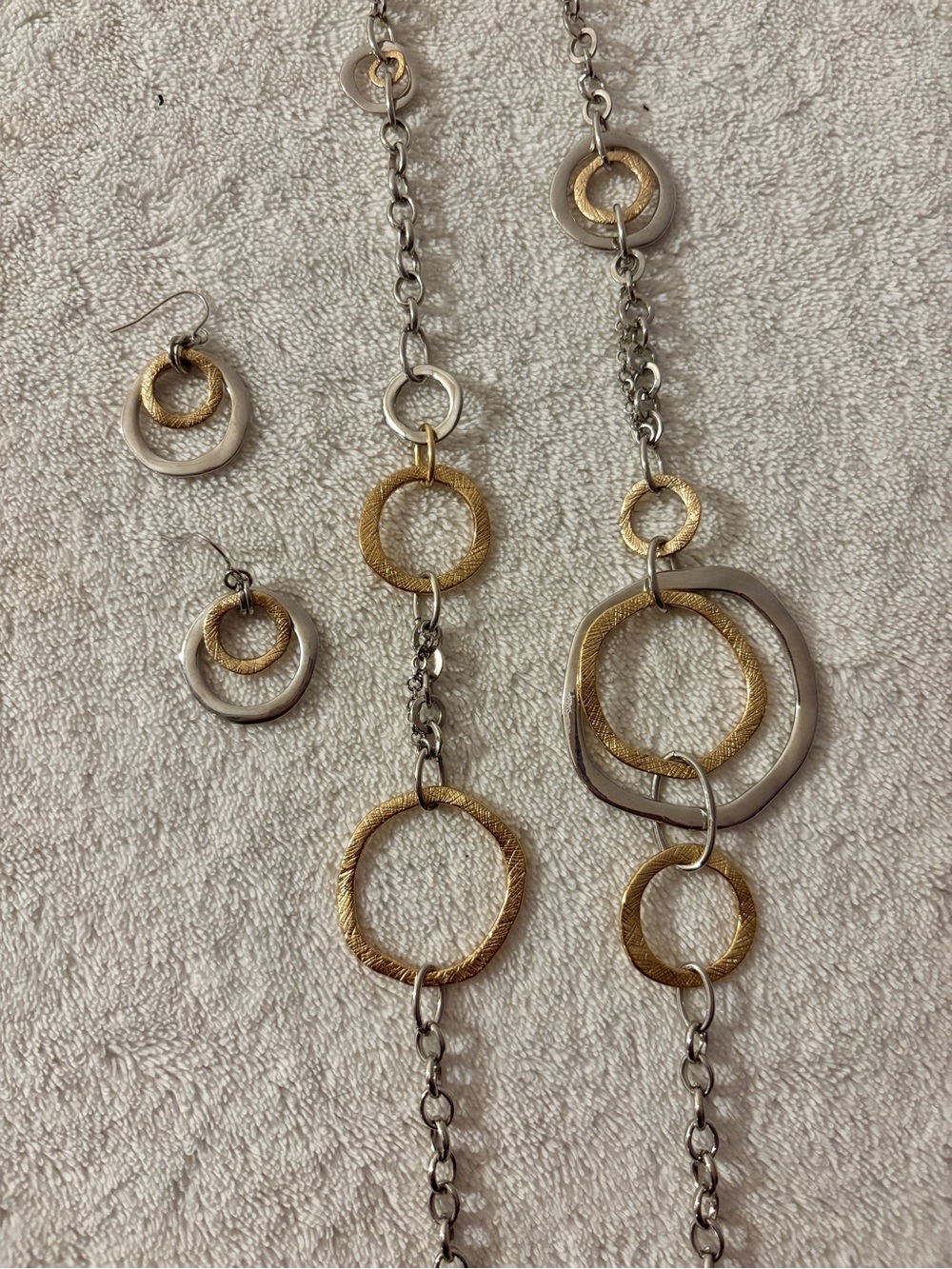 Two-Tone Gold and Silver Textured Circle Link Necklace and Earrings